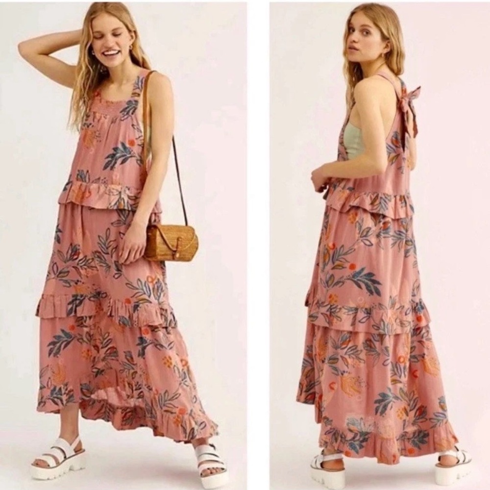Free People Anita Printed Maxi Dress Tiered Ruffle Desert Rose Women Medium NWT